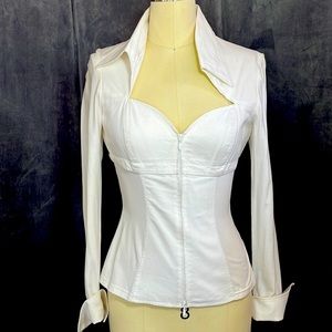 Designer Ann Fontaine white zipper front stretch blouse size 38